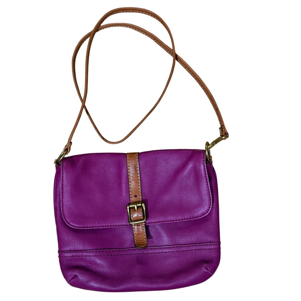 Fossil Purple Leather Crossbody Bag Tan Trim Buckle Flap SHB1045 VINTAGE - Picture 2 of 14
